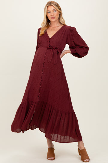 Burgundy Swiss Dot Button Down Maternity Maxi Dress