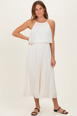 Cream Pleated Woven Midi Dress