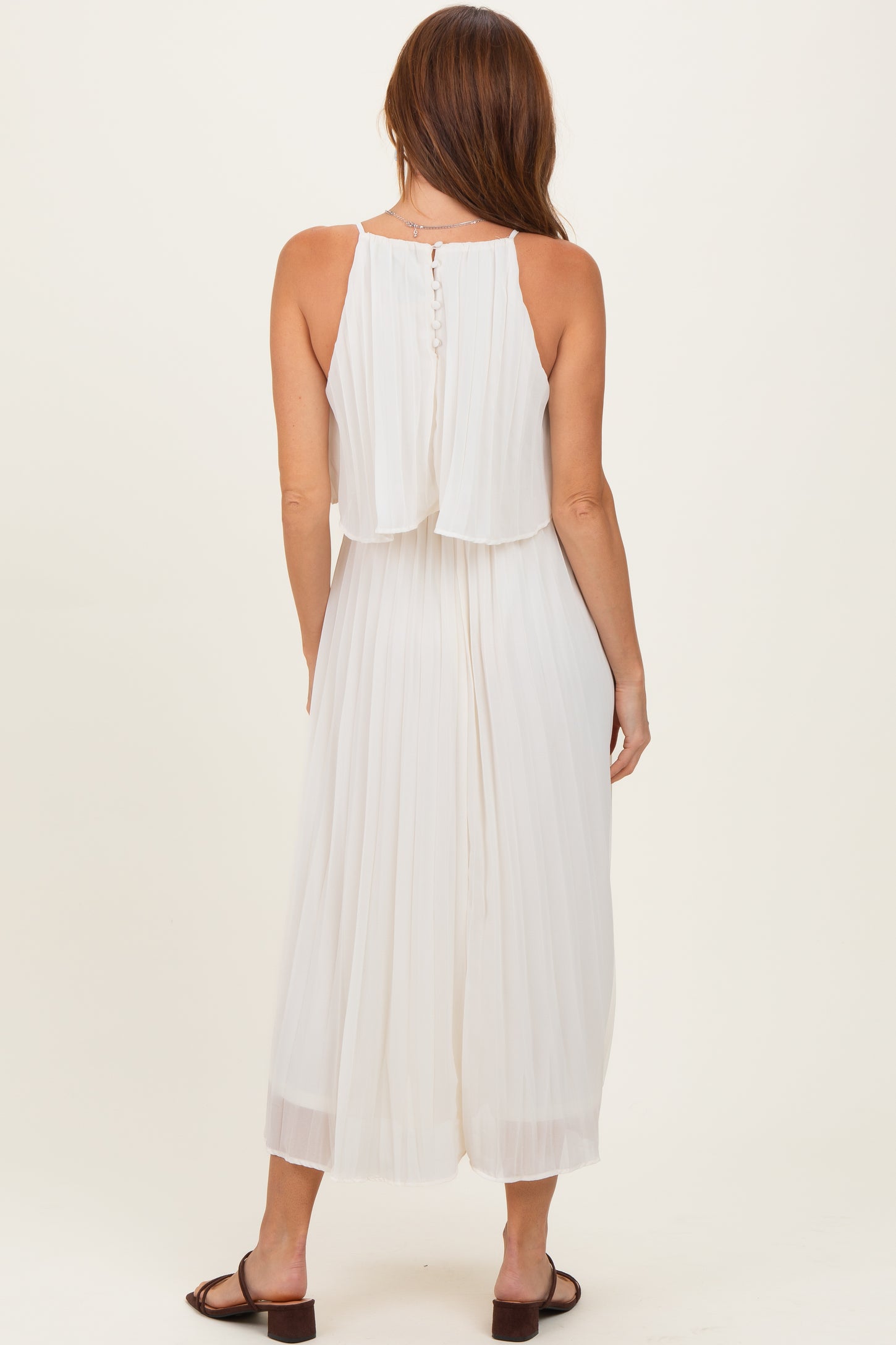 Cream Pleated Woven Midi Dress