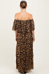 Leopard Print Pleated Ruffle Off Shoulder Maternity Maxi Dress