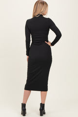 Black Turtle Neck Long Sleeve Rib Fitted Midi Dress