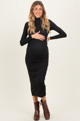 Black Turtle Neck Long Sleeve Rib Fitted Maternity Midi Dress
