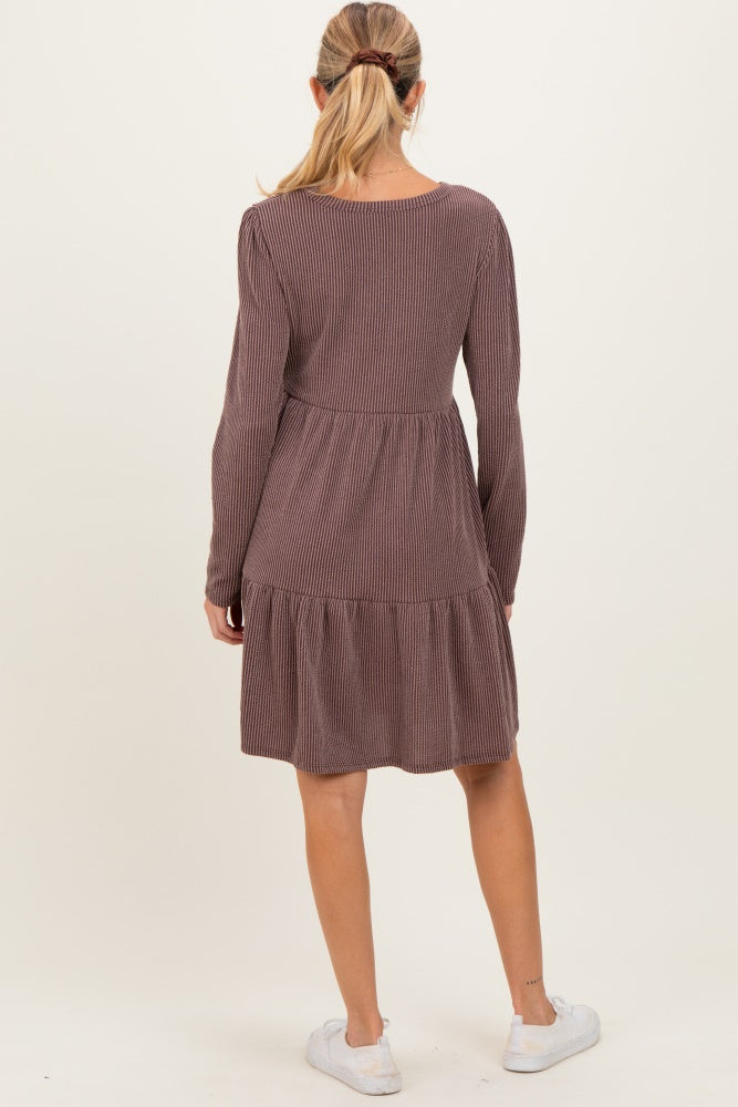 Brown Textured Rib Tiered Long Sleeve Maternity Dress