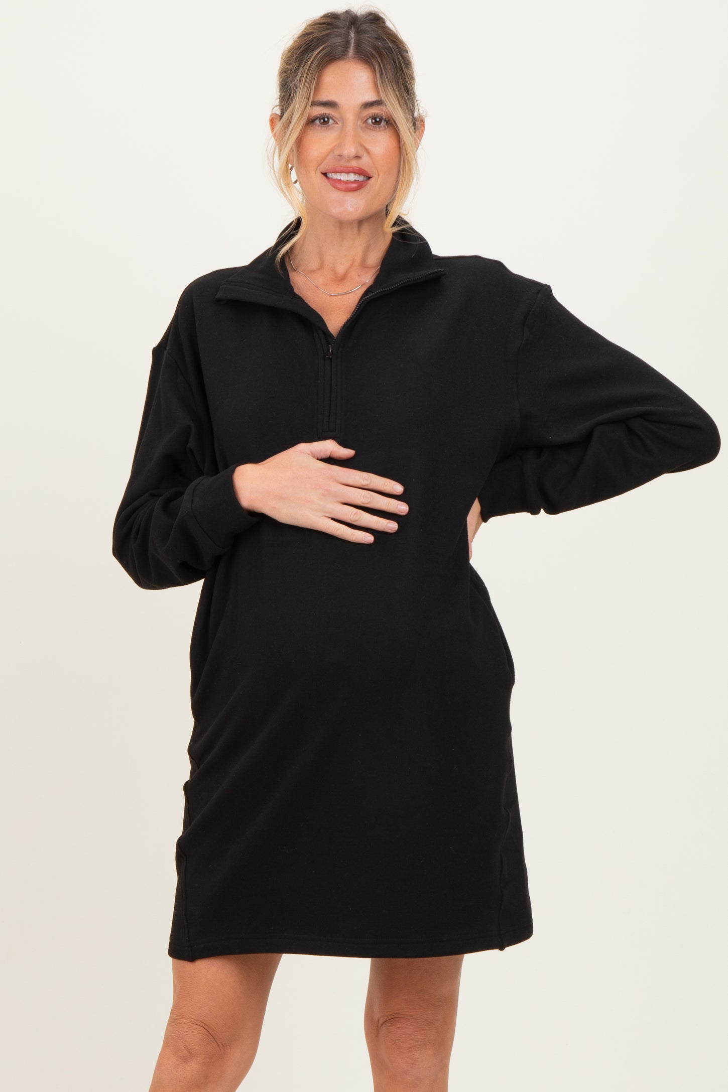 Black Brushed Quarter Zip Jersey Lounge Maternity Sweatshirt Dress