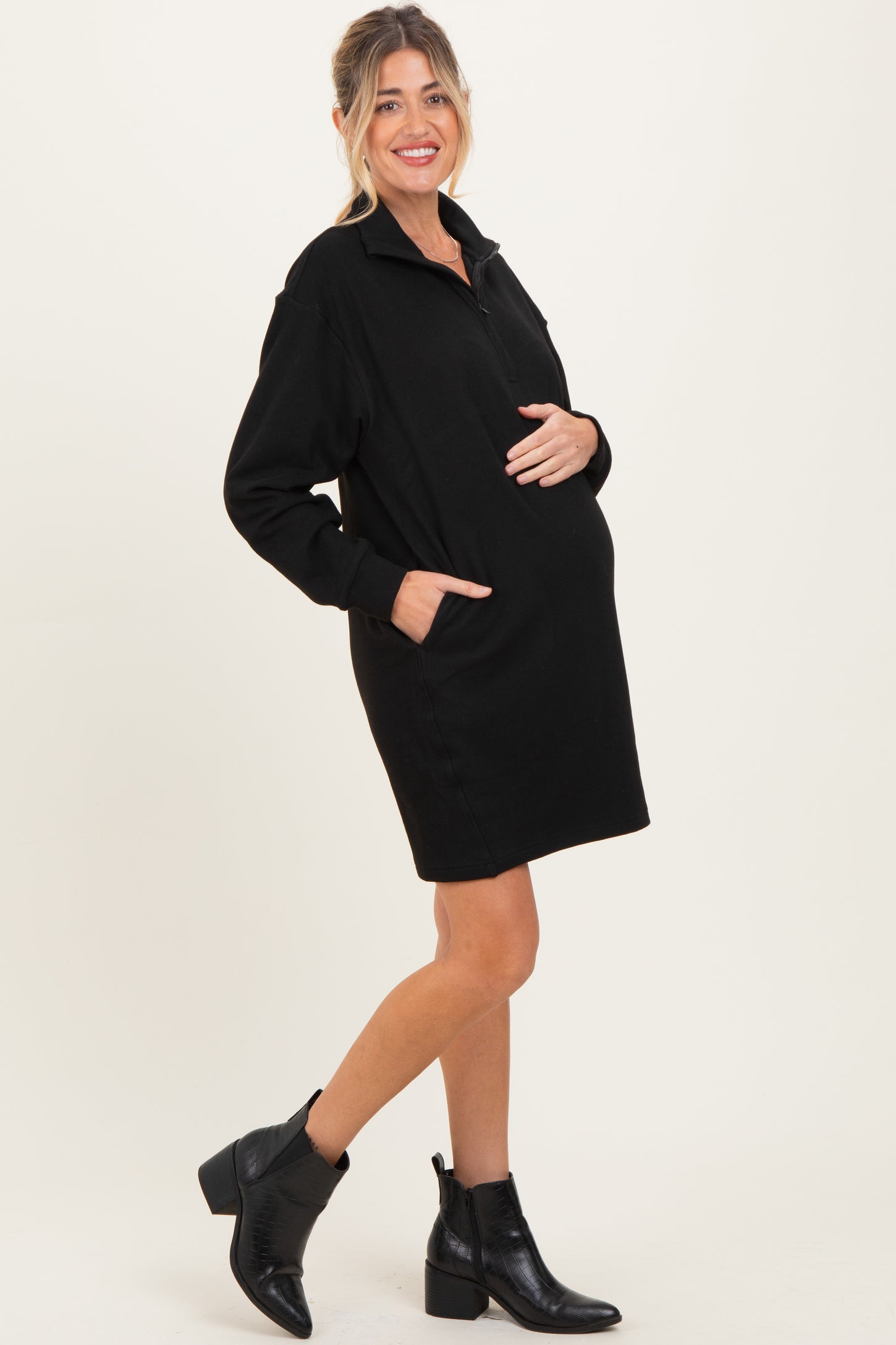 Black Brushed Quarter Zip Jersey Lounge Maternity Sweatshirt Dress