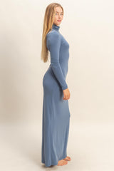 Blue Turtleneck Long Sleeve Maxi Dress