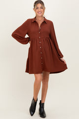 Brown Tiered Back Detail Button Down Maternity Dress