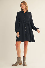 Black Tiered Back Detail Button Down Dress
