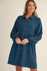 Dark Teal Tiered Back Detail Button Down Dress