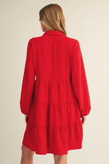 Red Tiered Back Detail Button Down Dress