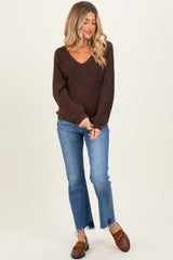 Brown V-Neck Drop Shoulder Back Bow Tie Detail Maternity Sweater