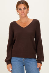 Brown V-Neck Drop Shoulder Back Bow Tie Detail Sweater