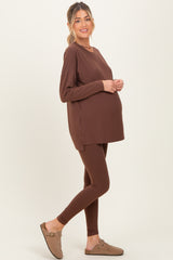 Brown Brushed Knit Maternity Oversized Top and Legging Set