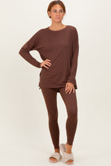 Brown Brushed Knit Oversized Top and Legging Set