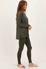 Olive Brushed Knit Oversized Top and Legging Set