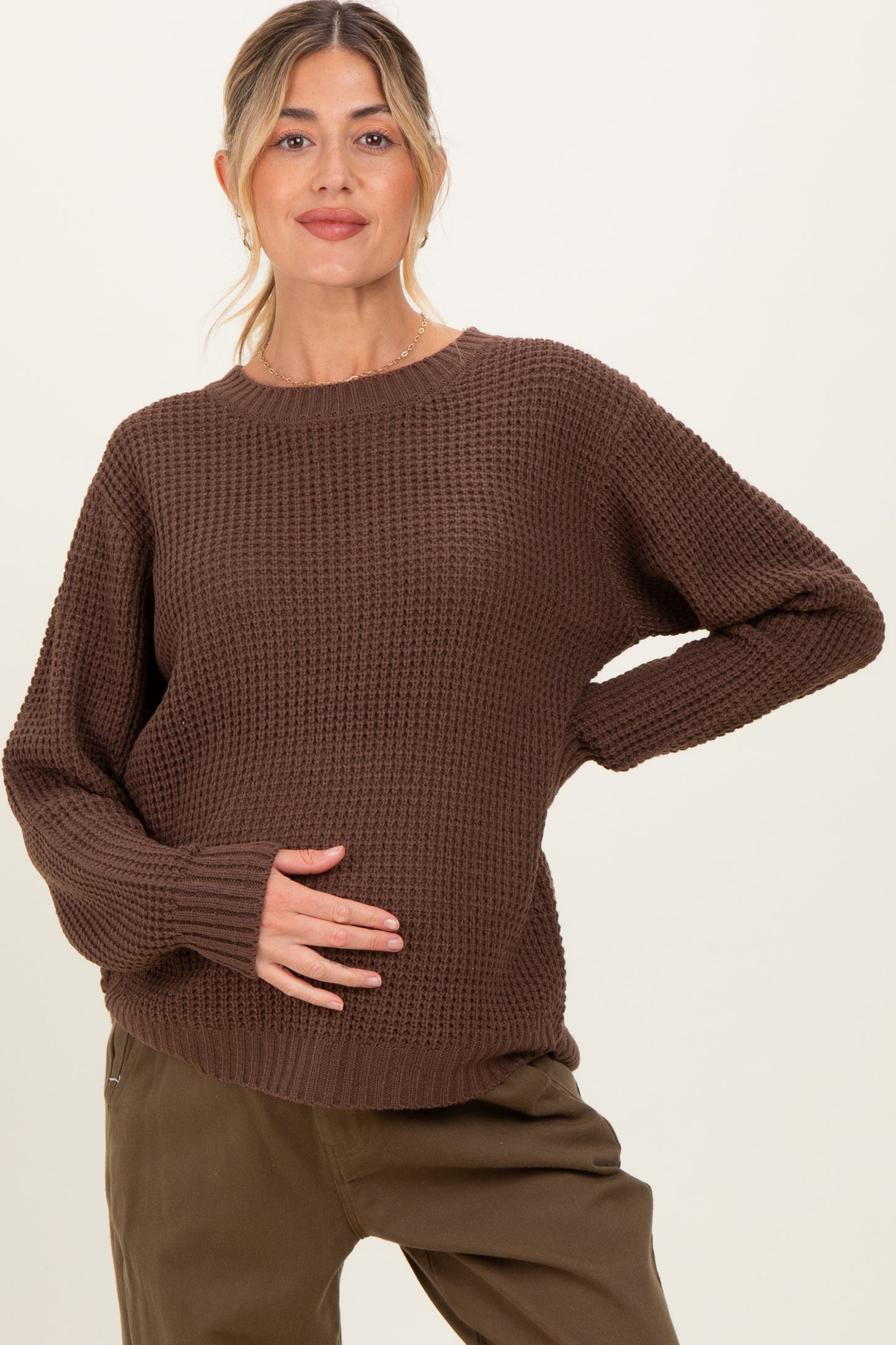 Dark Mocha Waffle Knit Rounded Hem Maternity Sweater