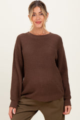 Dark Mocha Waffle Knit Rounded Hem Maternity Sweater