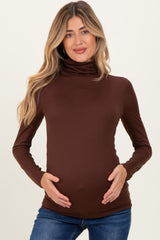 Brown Brushed Knit Basic Turtleneck Maternity Top