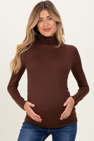 Brown Brushed Knit Basic Turtleneck Maternity Top