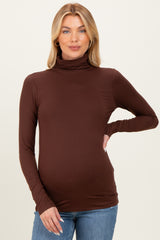Brown Brushed Knit Basic Turtleneck Maternity Top