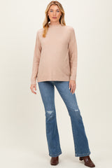 Beige Mock Neck Exposed Seam Maternity Sweater