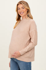 Beige Mock Neck Exposed Seam Maternity Sweater