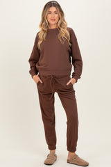 Brown Fleece Long Sleeve Maternity Pullover & Jogger Set