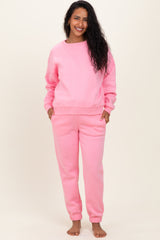 Pink Fleece Long Sleeve Maternity Pullover & Jogger Set