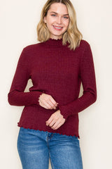 Burgundy Ribbed Mock Neck Ruffle Hem Long Sleeve Top