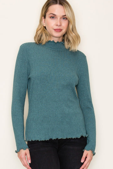 Jade Ribbed Mock Neck Ruffle Hem Long Sleeve Top