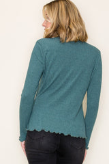 Jade Ribbed Mock Neck Ruffle Hem Long Sleeve Top