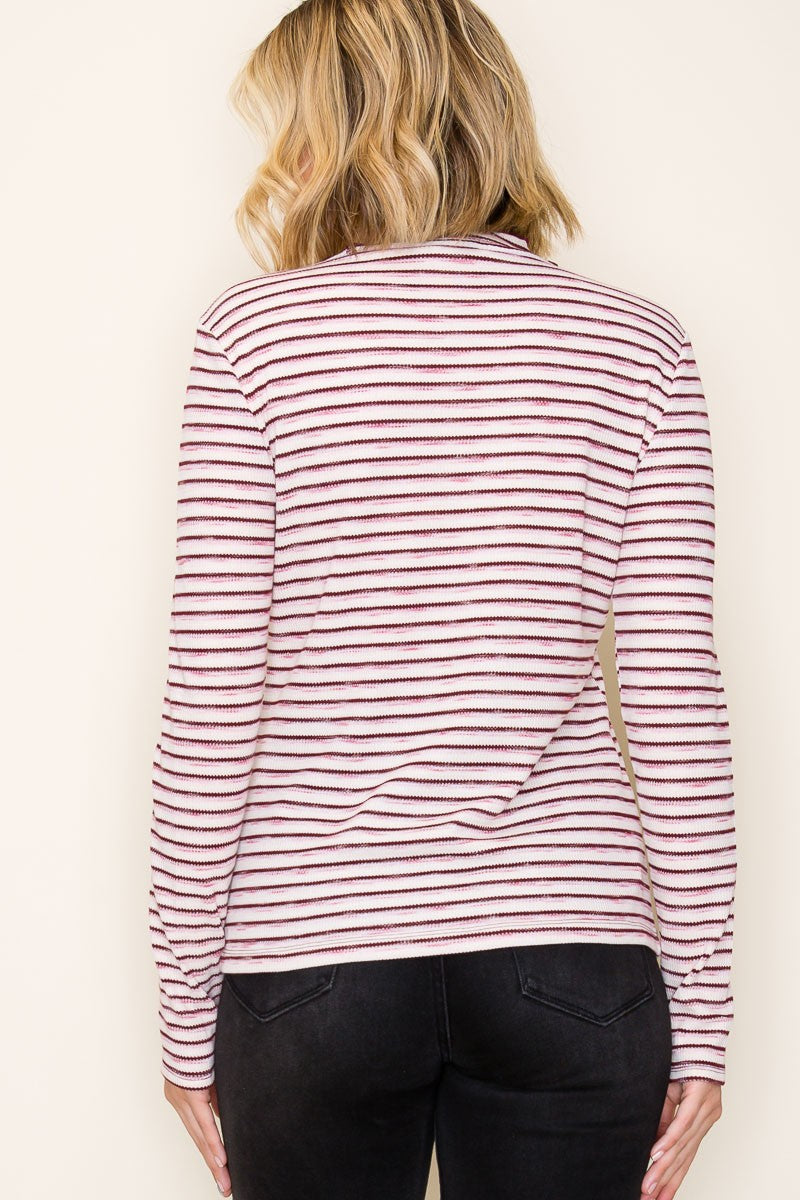 Burgundy Striped Ribbed Mock Neck Ruffle Hem Top