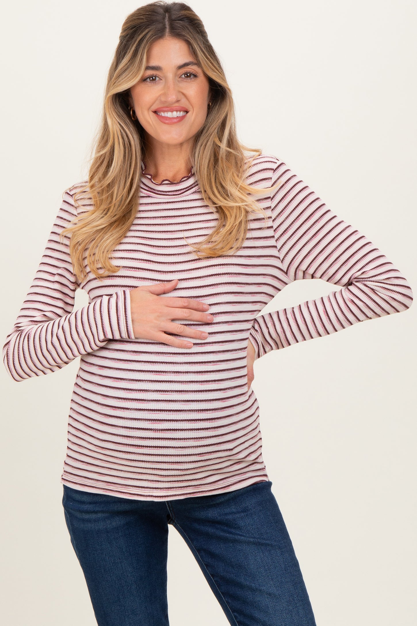 Burgundy Striped Ribbed Mock Neck Ruffle Hem Maternity Top