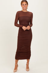 Brown Mesh Ruched Long Sleeve Midi Dress