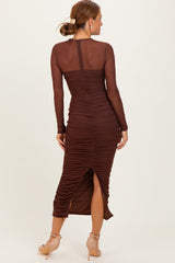 Brown Mesh Ruched Long Sleeve Midi Dress