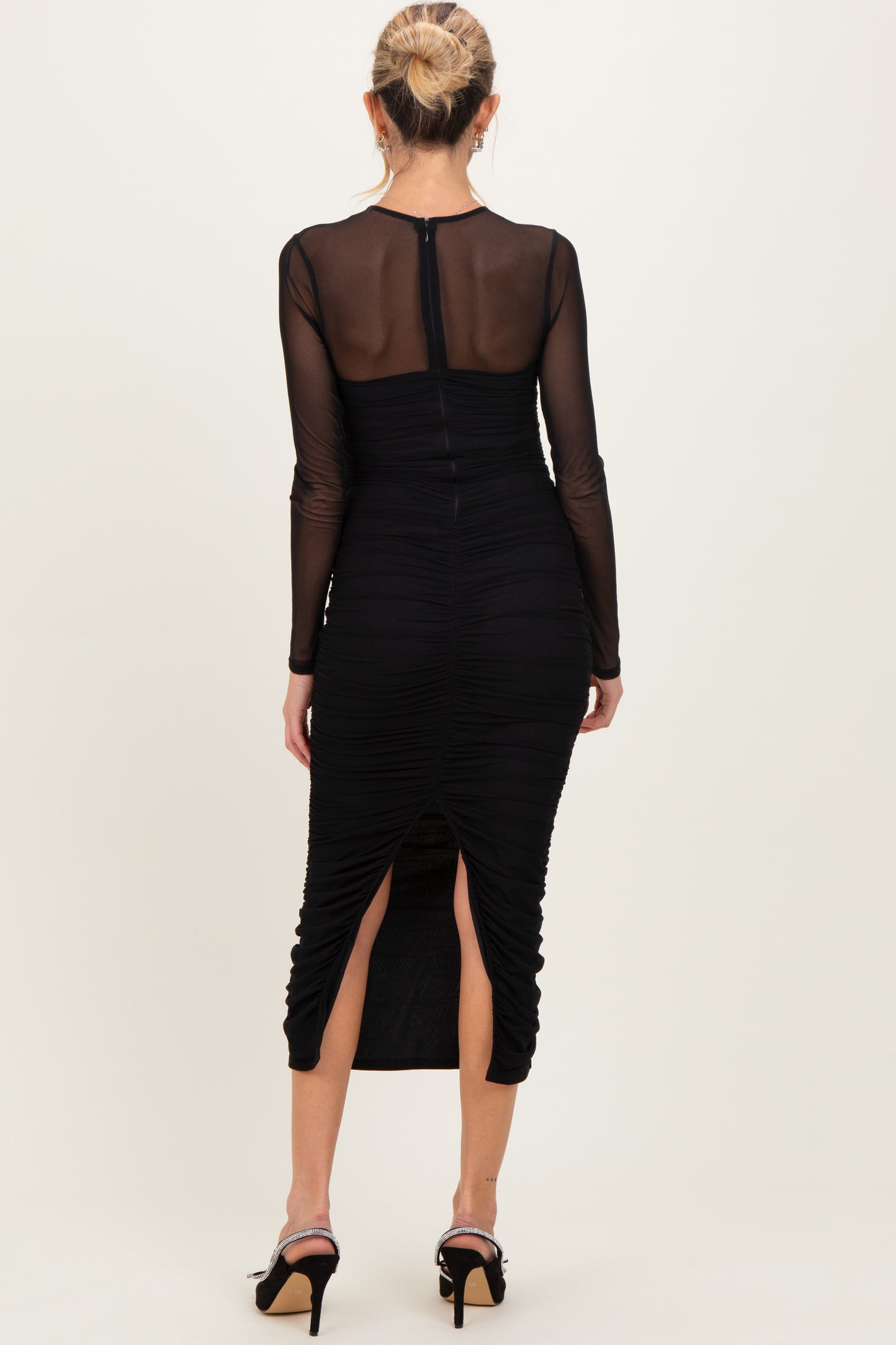 Black Mesh Ruched Long Sleeve Maternity Midi Dress