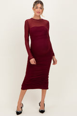 Burgundy Mesh Ruched Long Sleeve Maternity Midi Dress