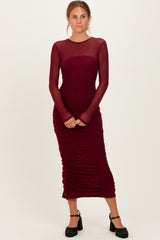 Burgundy Mesh Ruched Long Sleeve Midi Dress