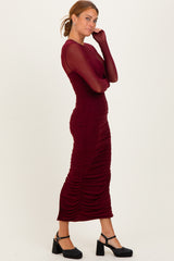 Burgundy Mesh Ruched Long Sleeve Midi Dress