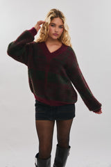 Burgundy Plaid Fuzzy Knit V-Neck Sweater