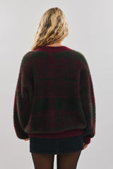 Burgundy Plaid Fuzzy Knit V-Neck Sweater
