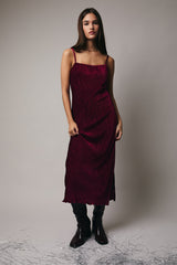 Burgundy Velvet Sleeveless Side Slit Midi Dress