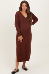 Brown V-Neck Relaxed Fit Maternity Sweater Dress