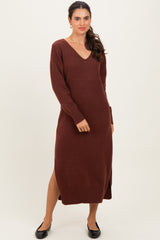 Brown V-Neck Relaxed Fit Sweater Dress