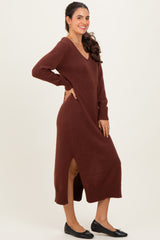 Brown V-Neck Relaxed Fit Sweater Dress