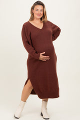 Brown V-Neck Relaxed Fit Maternity Plus Sweater Dress