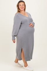 Heather Grey V-Neck Relaxed Fit Maternity Plus Sweater Dress