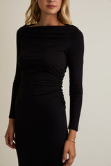 Black Boat Neck Ruched Long Sleeve Midi Dress