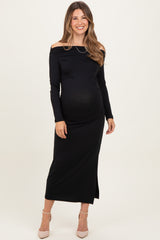 Black Boat Neck Ruched Long Sleeve Maternity Midi Dress