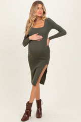 Olive Knit Square Neck Slit Maternity Midi Dress